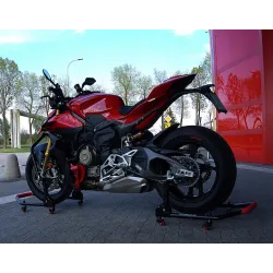 Stojak motocyklowy na kółkach składany na tył pod motocykl podnośnik